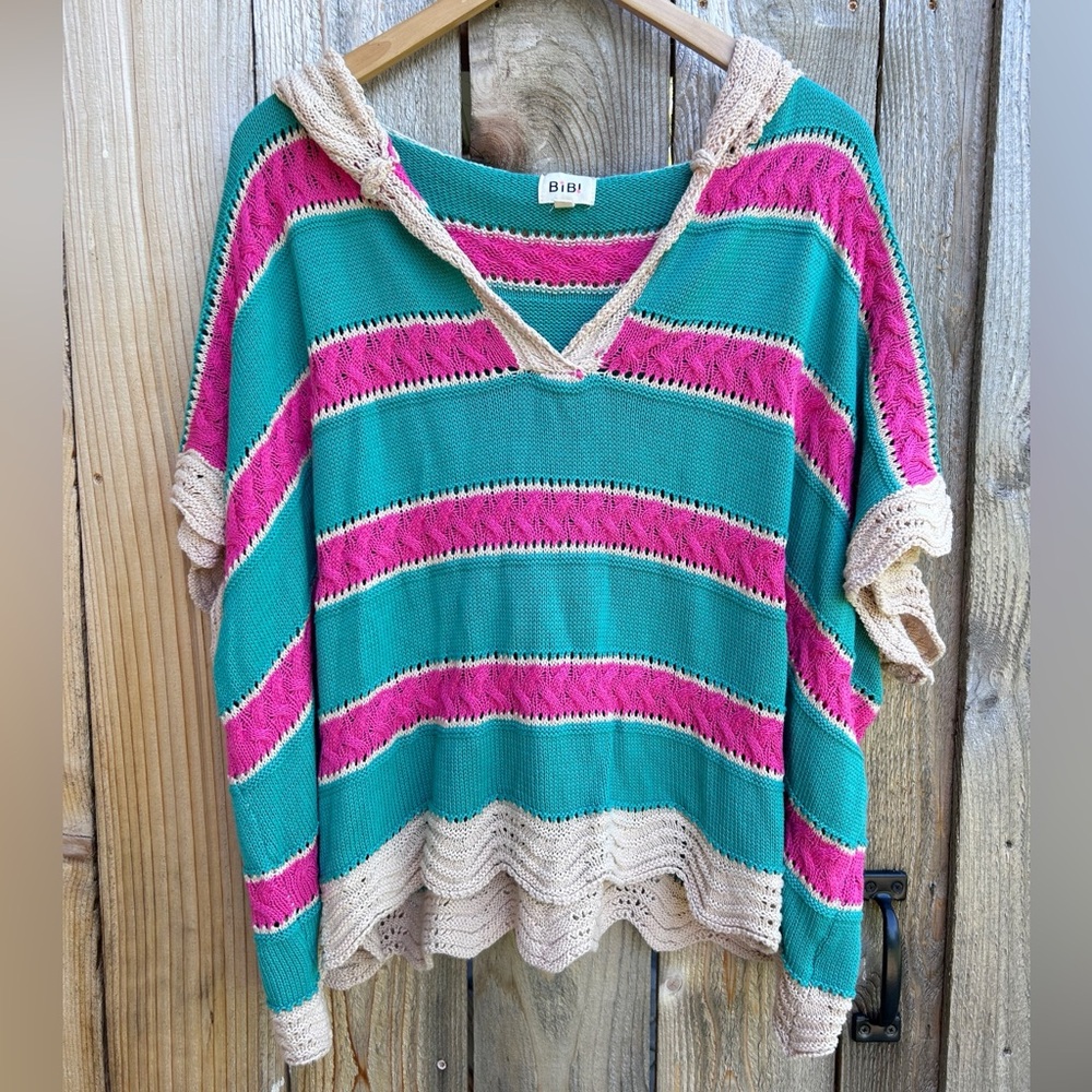 Bibi Stripe Rhythm & Blues Hooded Short Sleeve Crochet Top